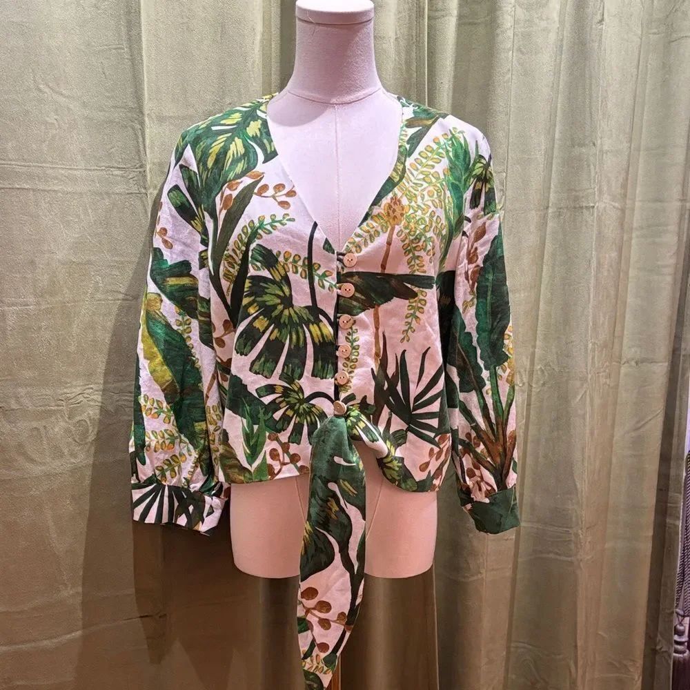 Joie linen/rayon Green Leaf Print Women's Blouse, M